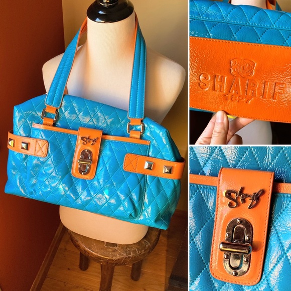 EUC Vintage SHARIF 1827 leather trim bright blue orange shoulder handbag purse